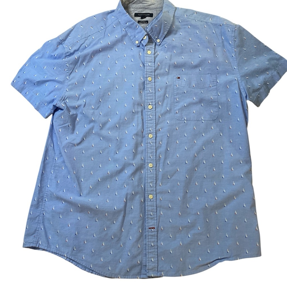Tommy Hilfiger Custom Fit Sailboat Print Short Sleeve Button Dn Shirt Blue XXXL